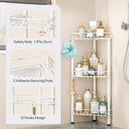 SWTYMIKI Standing Shower Caddy Corner - 3‑Tier Stainless Steel Shower Organizer Shelf with 12 Hooks and Adhesive Pads, Rustproof Corner Shelves Stand Rack for Bathroom Shower Room, white - Image 4