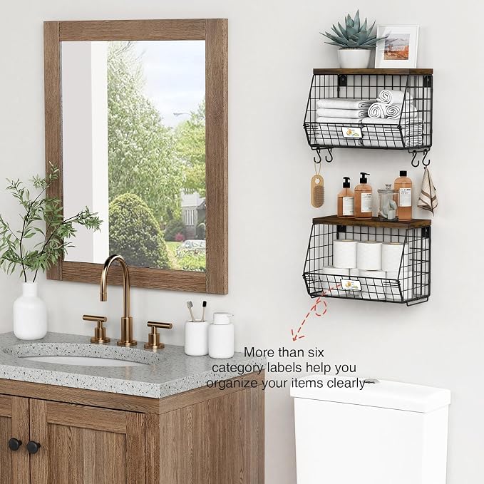Goozii Hanging Wall Fruit Basket for Kitchen Counter 2 Pack, Stackable Wire Baskets for Organizing with Wood Lid, Potato and Onion Storage Bin with Banana Hook for Vegetable Produce, Black + Rustic - Image 4