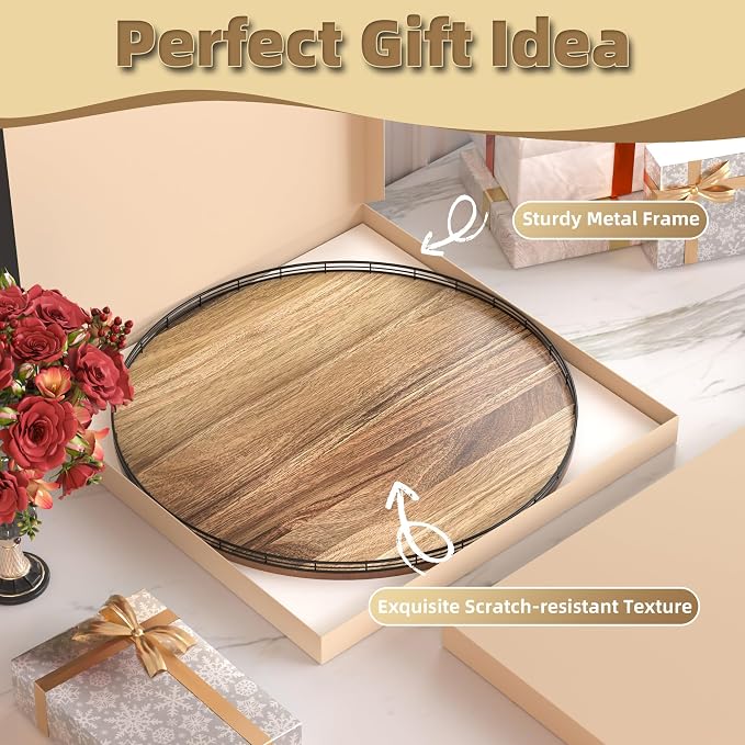24 Inch Lazy Susan Turntable, Heavy Duty Acacia Wood Round Tray for Kitchen - Image 7