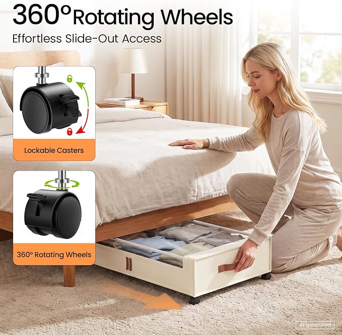 Yecaye Under Bed Storage with Wheels, 2 Pack Under Bed Storage Containers, 60L Underbed Shoe Storage with Clear Window & Label, Rolling Under Bed Metal Drawer for Clothes, Shoes, Books, Blankets - Image 3