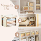 Yecaye Clothes Storage Bins with Lids & Clear Window, Beige, 40L, 3 Pack | Metal Frame, Foldable, Organizer Box Zippers & PU Leather Handles - Image 5