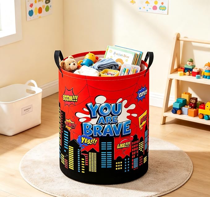 Baby Laundry Basket Baby Nursery Hamper Kids Laundry Basket Toy Storage Bin for Boys Room Decor Gift Baskets for Bedroom Bathroom(Red City) - Image 6