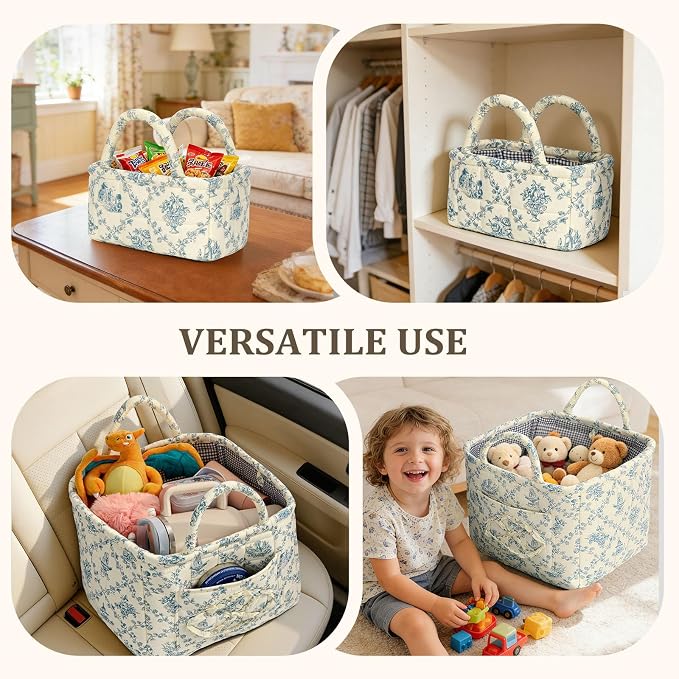 Fabric Storage Basket 2 Pack,Large and Mini Boho Laundry Nursery Hamper Portable Folding Organizer for Car Bedroom (Blue Vine) - Image 5