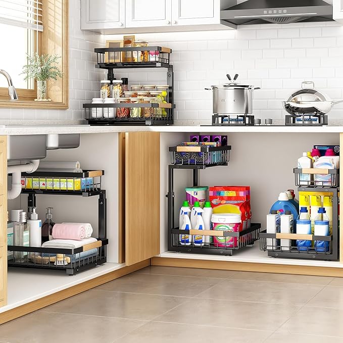 PXRACK Under Sink Organizer, Adjustable Height, 2 Tier Pull Out Under Cabinet Organizer, Slide Out Thickened Metal Under Sink Storage for Kitchen Bathroom Laundry Pantry Cabinet, Black, Small-2-Pack - Image 8