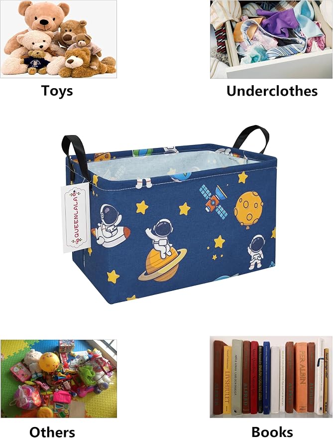 Rectangular Collapsible Laundry Basket with Side Handles, Star Astronaut - Image 3