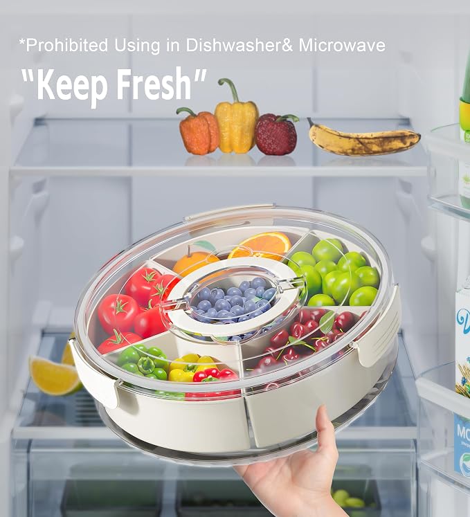 Divided Rotating Serving Tray with Lid and Handle, Portable Snackle Box for Fruits Snacks Veggie Charcuterie, Clear Lazy Susan Organizer and Fridge Storage Container for Adults Child (1PCS,12" L - Image 5