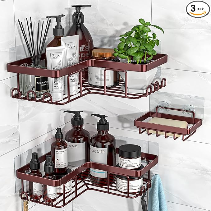 YASONIC Corner Shower Caddy, 3-Pack Adhesive Shower Caddy with Soap Holder and 12 Hooks, Rustproof Stainless Steel, No Drilling Wall Mounted Rack Organizer, for Bathroom, Bronze by YASONIC