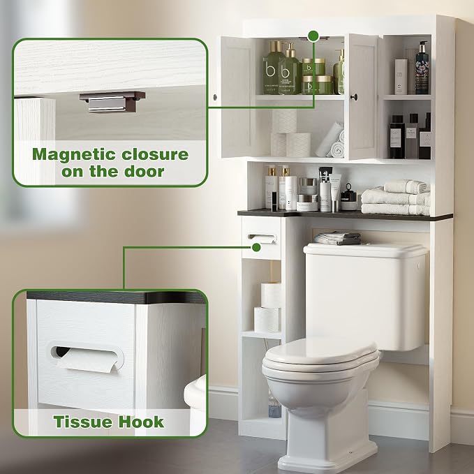 Over The Toilet Storage Cabinet with 7 Shelves, Imitation Walnut Grain Above Toilet Bathroom Organizer with Toilet Paper Holder Stand, Space Saver for Restroom, Laundry, Bathroom (White) - Image 6
