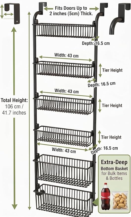 Over The Door Organizer, 6-Tier Carbon Steel Heavy Duty Hanging Storage, Kitchen Spice Rack Behind Door Caddy Shelf For Bathroom, Closets, Seasonings & Space Saver, Easy To Install - Image 7