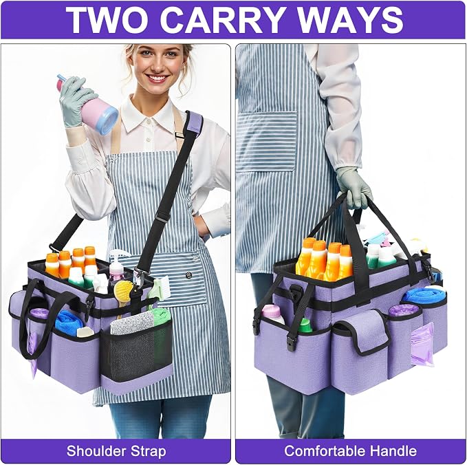 Cleaning Caddy,Cleaning Bag for Housekeepers,Cleaning Supplies Organizer with Handle,Purple - Image 5