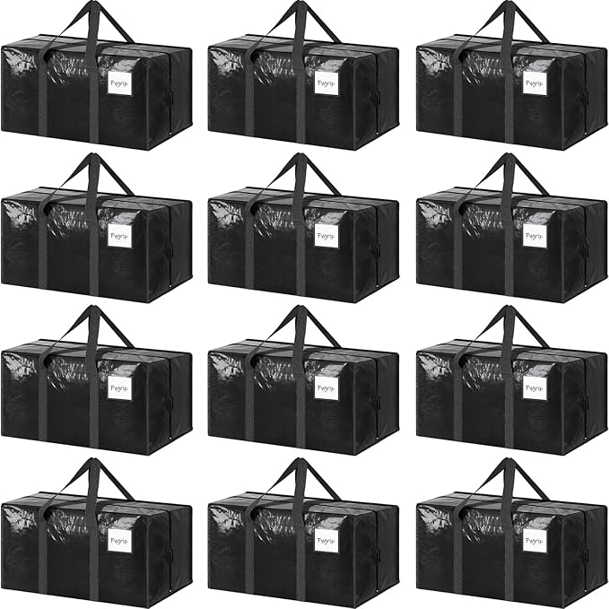 12 Pack Extra Heavy Duty Large Moving Bags with Strong Zipper, Black | Comfortable Handles, Sturdy & Durable Clothes Storage Bags Totes Bins, Blue Packing Moving Boxes for College Supplies by Fygrip