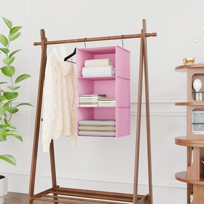 Hanging Closet Organizer 3-Shelf, Oxford Fabric Wardrobe Storage, Pink | Easy-mount foldable design holds clothes, handbags, shoes & accessories; washable Oxford fabric, sturdy and space-saving. - Image 2