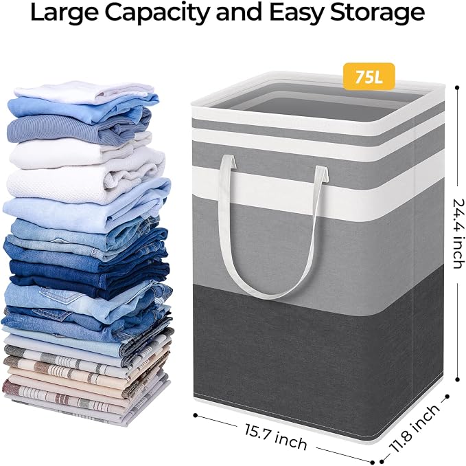 HomeHacks 2 Pack Laundry Baskets, Laundry Hampers Bags (Grey+Blue 75L) | Waterproof, Freestanding, Collapsible Clothes Hamper with Reinforced Handles in Laundry Room, Dorm, Bathroom, Bedroom - Image 4