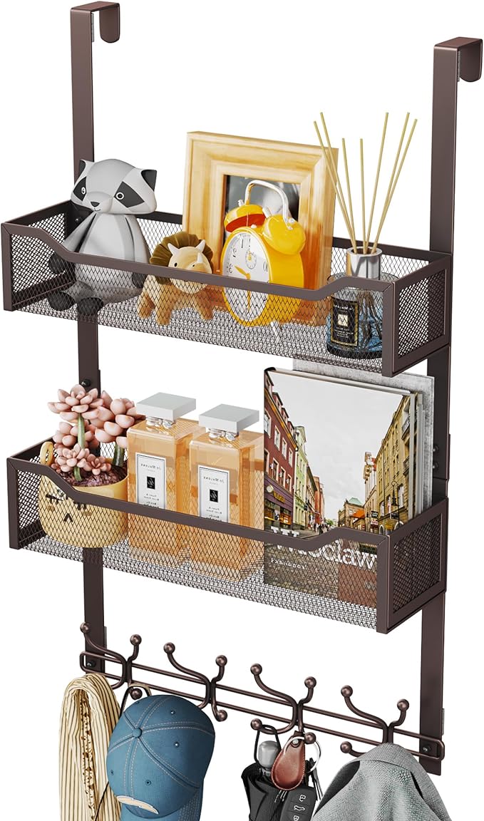 SWTYMIKI Over The Door Hooks Organizer - Multi-Functional Door Hanger with 16 Hooks & 2 Mesh Baskets, Long Coat Rack for Bathroom, Bedroom, Living Room, Home Storage Organizer, Bronze by SwtyMiki-TidyHomeSweetLife