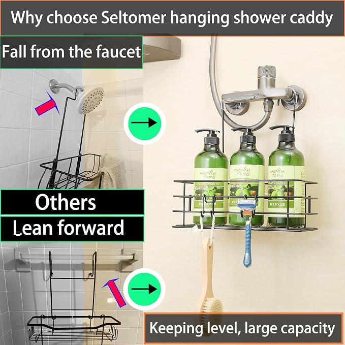1-Tier Shower Caddy Hanging Shower Organizer Rack with Hooks Over The Door - Image 4