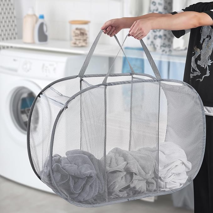 Seiritex Mesh Popup Laundry Hamper 3 Compartment Sortable Horizontal Collapsible Laundry Basket for Clothes Laundry Room Bedroom Toys Travel (Gray) - Image 2