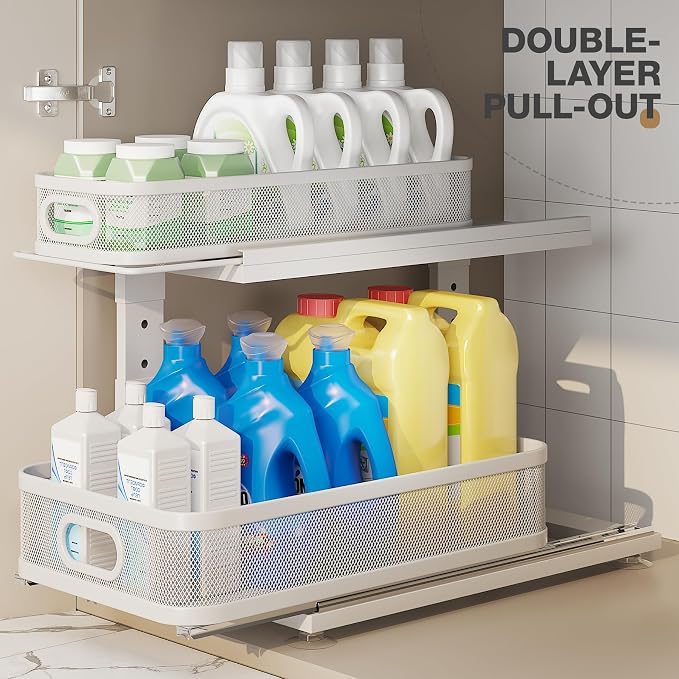 2 Pack 18.5IN-Depth Under Sink Organizer With Next-Gen Ball-Bearing Slides,2-Tier Precision Mesh Pull Out Cabinet Storage for Bathroom&Kitchen,Height Adjustable Drawers Shelf,Anti-rust-White - Image 4