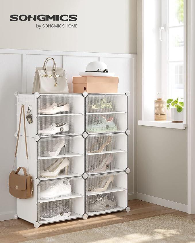 SONGMICS Shoe Rack, 6-Tier with Doors, 24-Pair Storage Cabinet | Shoe Organizer, Steel Frame, Plastic Panel, Bedroom, Entryway, Cloud White and Transparent, DAMION Collection ULPC033W01 - Image 2