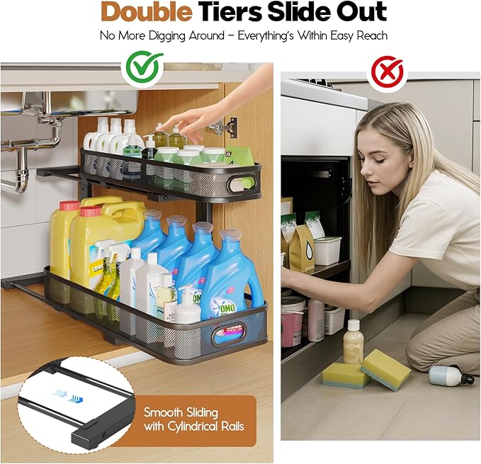 2 Pack 21.3IN-Depth Under Sink Organizer with Smooth Cylindrical Rail,2-Tier Pull Out Multi-Purpose Cabinet Storage for Bathroom&Kitchen,Height Adjustable,Rust-Resistant Coating-Black - Image 3
