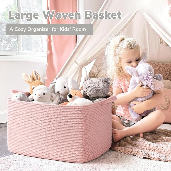 Goodpick Large Woven Rope Blanket Basket, Rectangle, Pink, 75L - Image 2