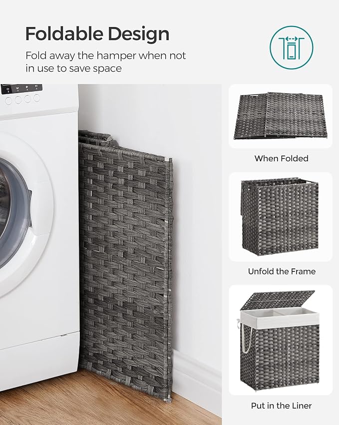 SONGMICS Laundry Hamper with Lid, 130L Double Wicker Basket, 6 Mesh Bags - Image 8