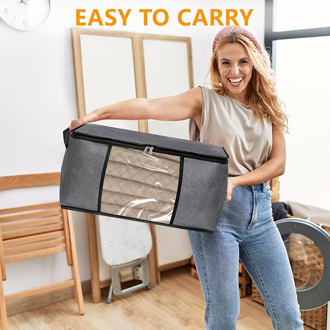 BiCINE 6 Pack Clothes Storage Bags with Zipper, Foldable Blanket Storage Box with Clear Window Reinforced Handles for Closet, Dorm, Pillows, Bedding, Sheet, Comforter, 45L Gray - Image 7