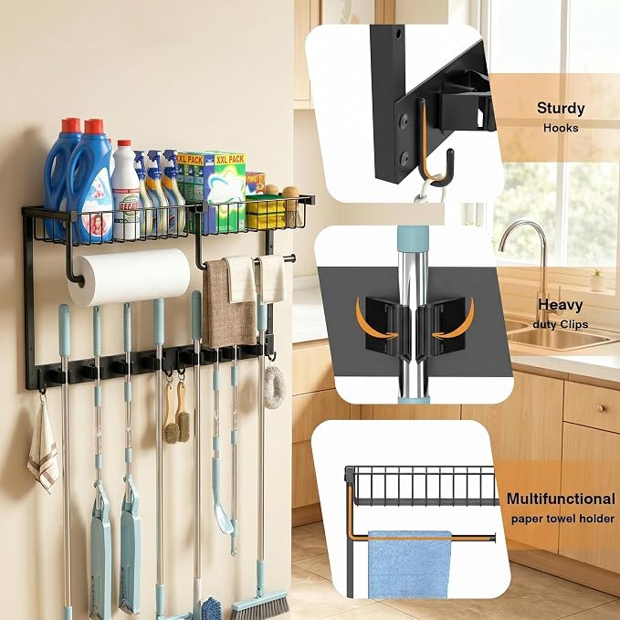 Broom Holder Wall Mount with Paper Towel Holder& Removable Anti-fall Basket - Image 7