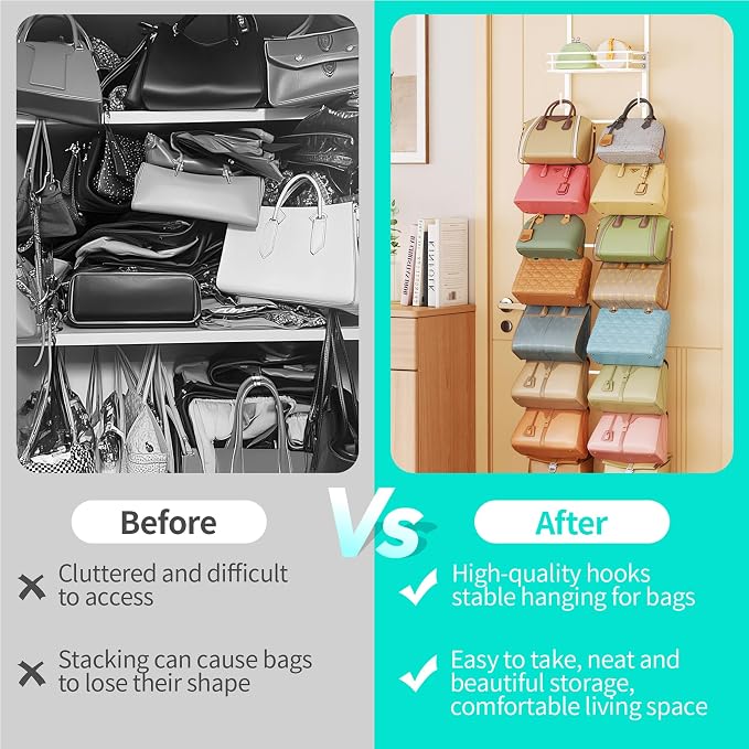 HapiRm Over the Door Purse Organizer - Wall Mounted Purse Rack with 16 Hooks and Metal Basket, Hanging Handbag Organizer Holds up to 16 Bags, Bag Rack Can Use As 1/2 Part, for Door, Closet (White) - Image 5