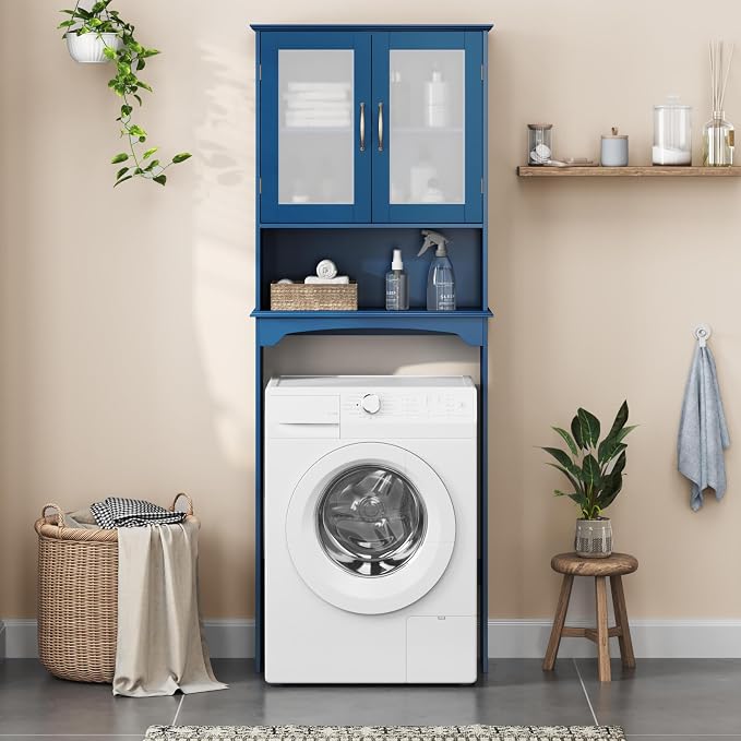 Yaheetech Over the Toilet Storage Cabinet with 2 Glass Doors, Navy Blue - Image 4