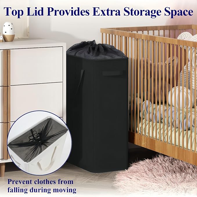Optish 50L Slim Laundry Hamper, Small Laundry Basket With Handles, Black Narrow Laundry Basket for Dorm, Bedroom, Living Room, Collapsible Laundry Hamper - Image 8