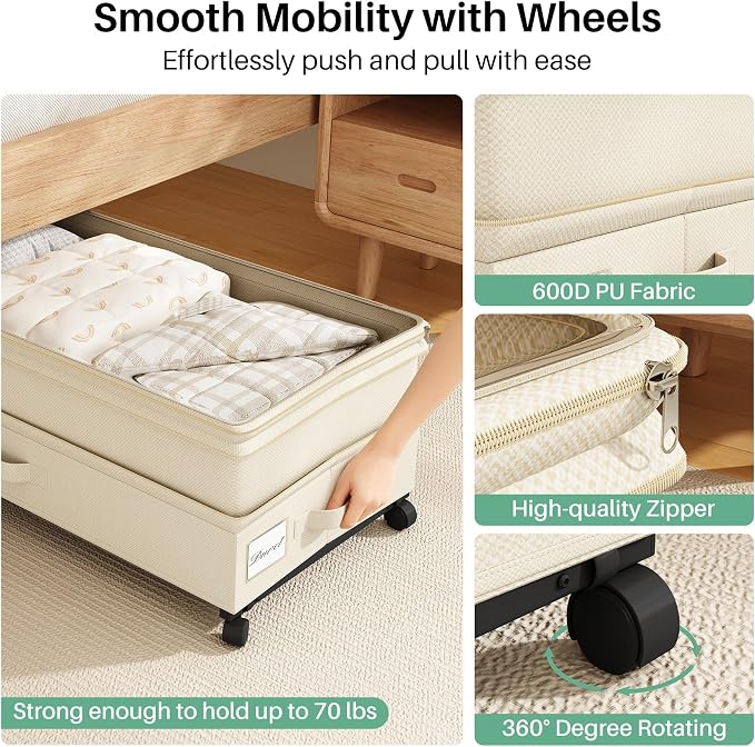 Kitstorack 2Pack Height-adjustable Under Bed Storage with Wheels, Under Bed Storage Containers,Under Bed Shoe Storage Organizer with Clear Window&Label, Suitable for Clothes Storage, Beige - Image 4