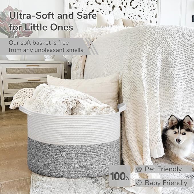 INDRESSME Large Woven Rope Blanket Basket Living Room Light Grey, 65L - Image 5