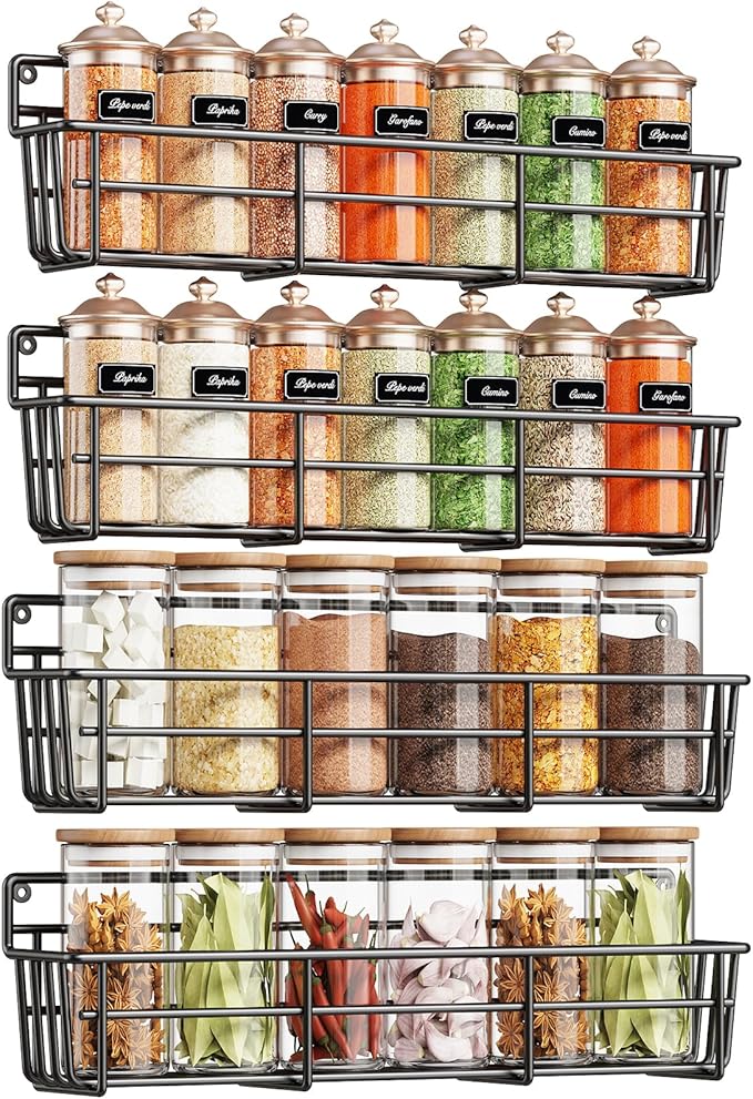 Mystozer Spice Rack Organizer Wall Mount, Hanging Spice Pantry Storage Shelf Organization, 4 Pack Space Saving Seasoning Organizer for Kitchen Cabinet, Door or Bathroom, Black by Mystozer