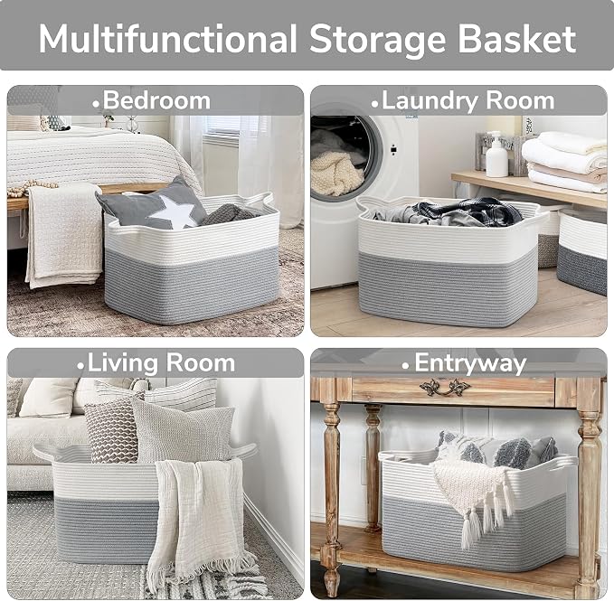 Goodpick Large Woven Rope Blanket Basket, Rectangle, White Gray - Image 4