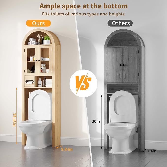 Arched Over the Toilet Storage Cabinet, Tempered Glass Doors, Natural Oak - Image 2