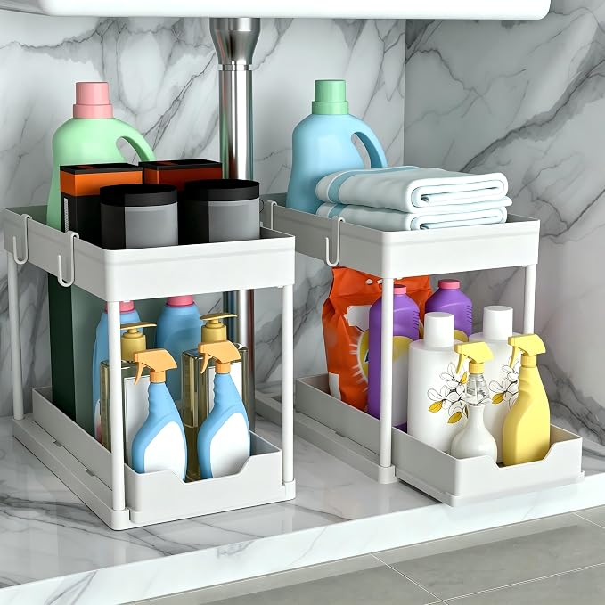 DEKAVA Cabinet, 2 Pack Under Sink Organizer, 2 Tier Sliding Bathroom Kitchen Organizer, Large White ABS Baskets, Easy Install & Clean - Image 5