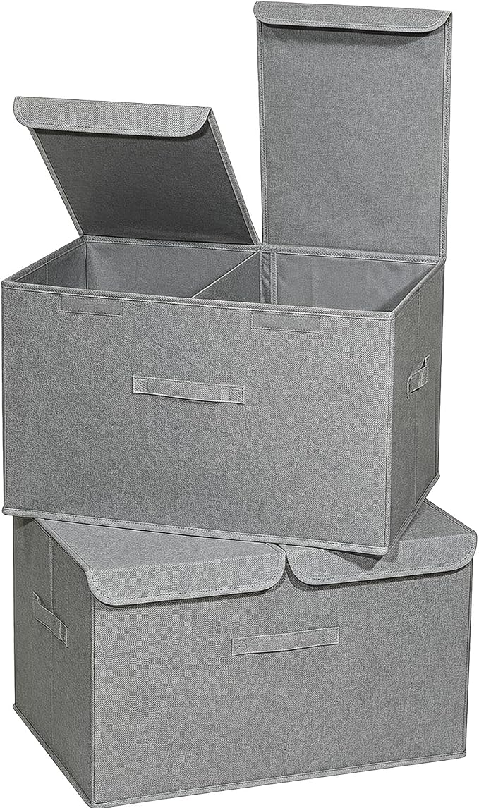 2 Pack Large Storage Boxes with Lids and Handles, Collapsible Linen Storage Bins Organizer Containers Baskets Cube with Removable Divider for Home Bedroom Closet Office (Grey, XL) by Unknown