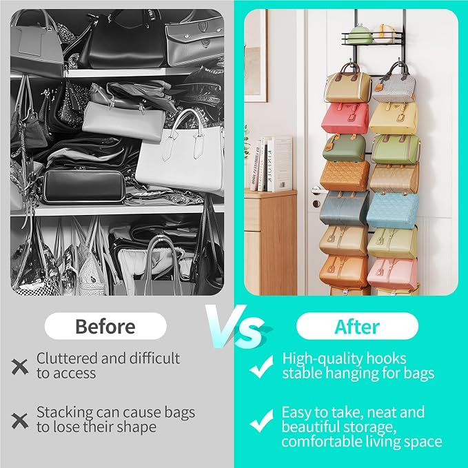 HapiRm Over the Door Purse Organizer - Wall Mounted Purse Rack with 16 Hooks and Metal Basket, Hanging Handbag Organizer Holds up to 16 Bags, Bag Rack Can Use As 1/2 Part, for Door, Closet (Black) - Image 6