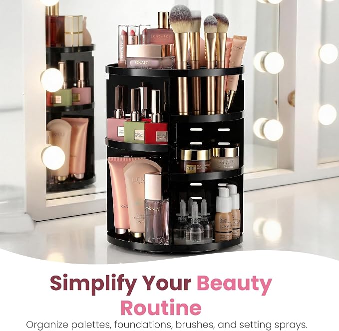 Masirs 360 Rotating Makeup Organizer Countertop, Adjustable Shelf, Black - Image 7