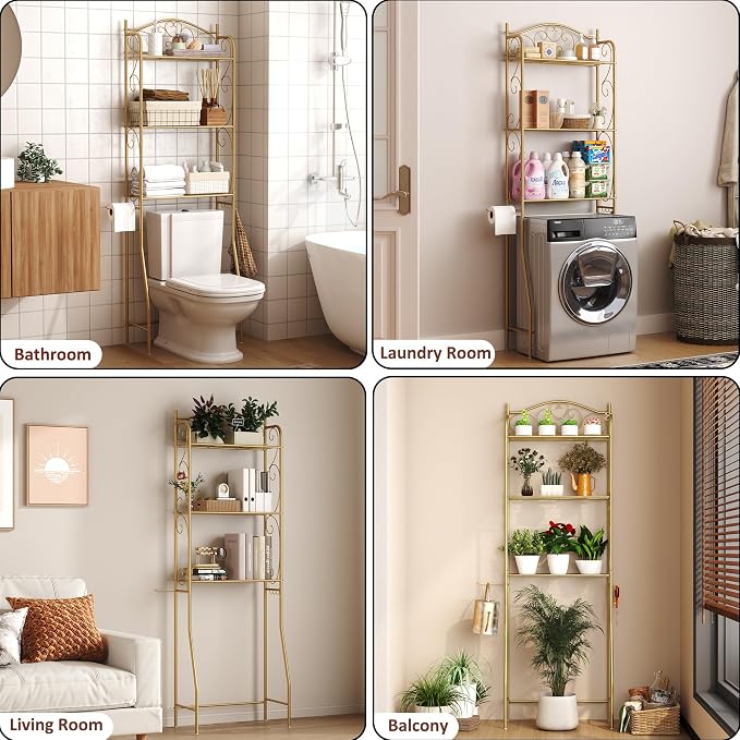 HOME BI Over The Toilet Storage Shelf, 3-Tier Over Toilet Bathroom Organizer Rack, Freestanding Space Saver Toilet Stands with Hooks (Gold) - Image 6