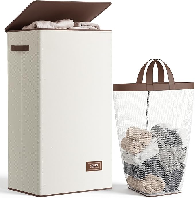 SOLEDI 100L Laundry Hamper with Lid, Large Collapsible Laundry Basket by SOLEDI
