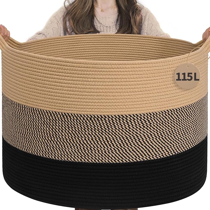 INDRESSME 115L Extra Large Woven Rope Blanket Basket Living Room by INDRESSME