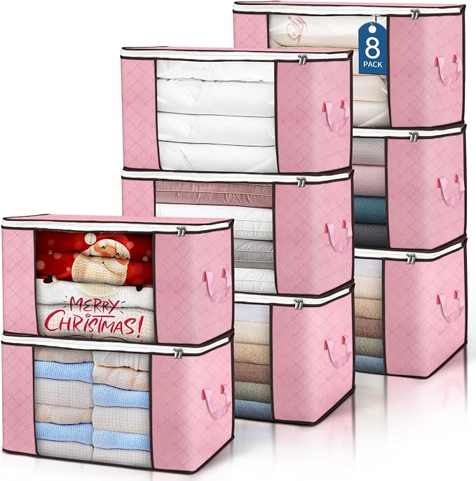 90L Large Storage Bags, 8 Pack Clothes Storage Bins Closet Organizers | Foldable Storage Containers, with Reinforced Handle, for Clothing, Blanket, Comforters, Bed Sheets, Pillows and Toys,Pink by BuddingJoy-BuildaJoyfulLifeforYou