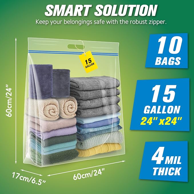 HIBAG 15 Gallon Large Storage Bags, 24” x 24” Resealable Clear Bags with Handle, Extra Large XL Heavy Duty for Clothes Pillow Travel Moving, Pack of 10 - Image 2