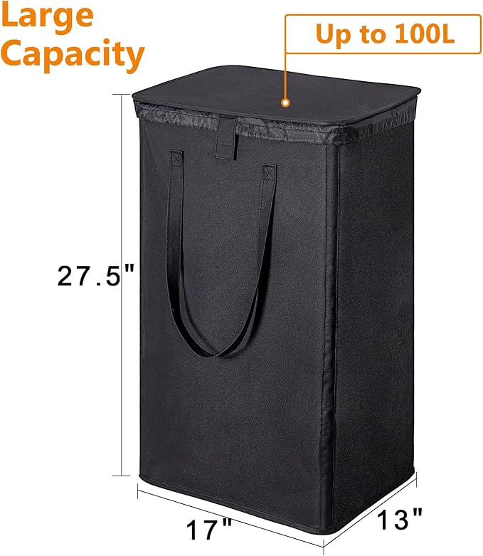 WOWLIVE 100L Black Laundry Hamper with Lid, Dirty Laundry Basket for Dorm - Image 4