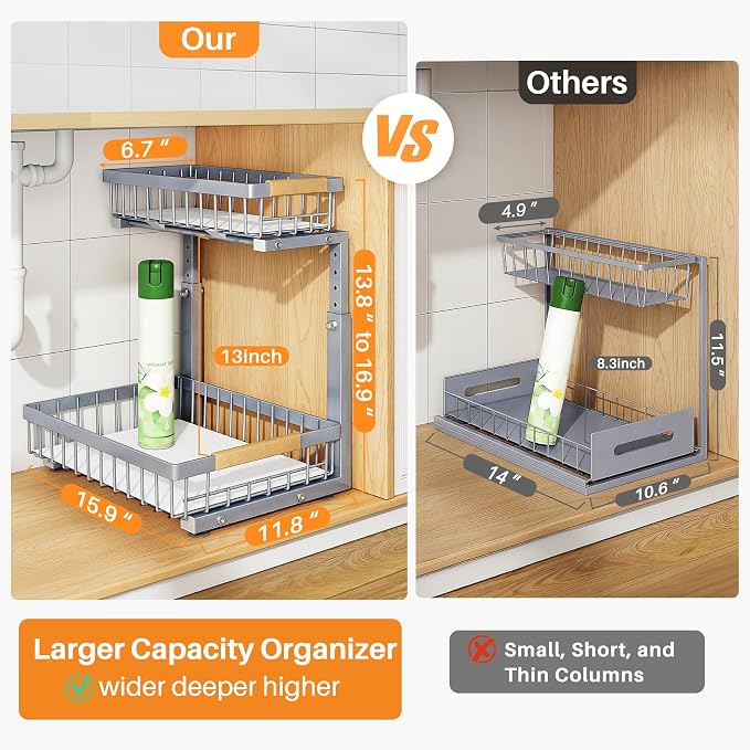 PXRACK Under Sink Organizer, Adjustable Height, 2 Tier Pull Out Under Cabinet Organizer, Slide Out Thickened Metal Under Sink Storage for Kitchen Bathroom Laundry Pantry Cabinet, Grey, Large-2-Pack - Image 2