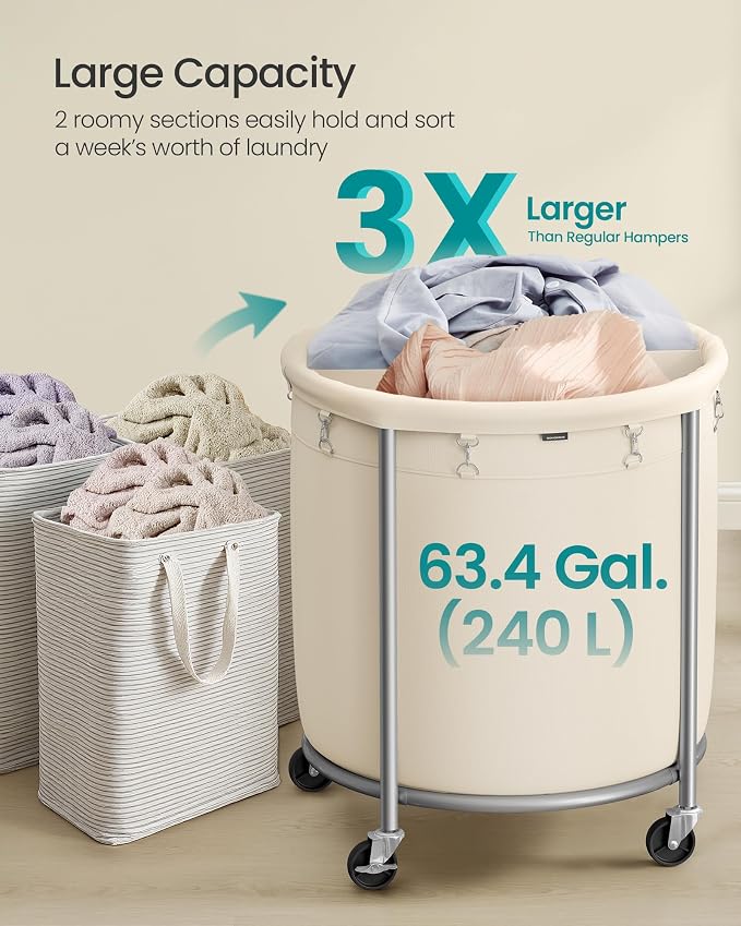 SONGMICS Laundry Basket with Wheels, 63.5 Gal., Steel Frame, Removable Bag - Image 3