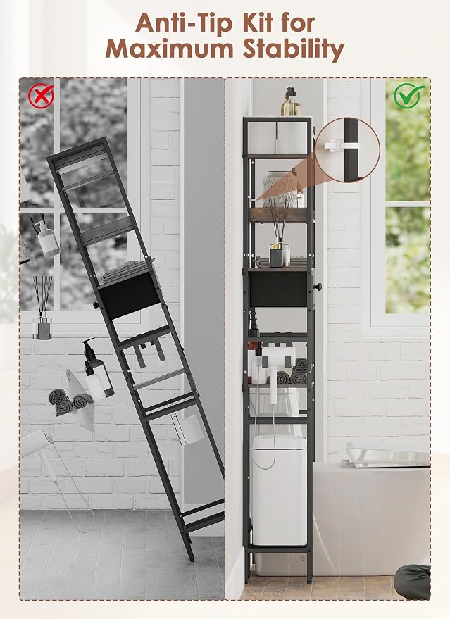 Over The Toilet Storage Rack, 7-Tier Over Toilet Bathroom Organizer with Adjustable Shelf, Above Toilet Storage with Hooks, Space-Saving, Brown Shelf - Image 7