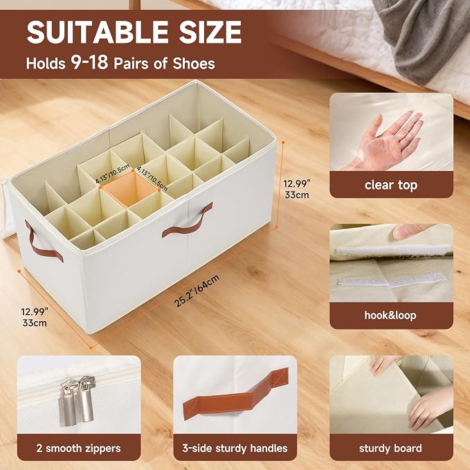 2-Pack Extra Large Shoe Organizer for Closet, Foldable Shoe Storage Container with Adjustable Dividers & Clear Lid, Holds Up to 18 Pairs, Space-Saving Shoe Boxes, White - Image 2