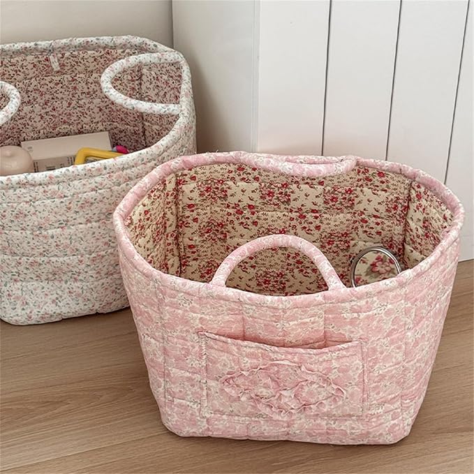 Quilted Fabric Storage Basket with Handles & Pocket, Foldable Laundry Hamper Boho Floral Print Organizer Bin for Home, Picnic, Office 12"x10"x10" (A-4) - Image 5
